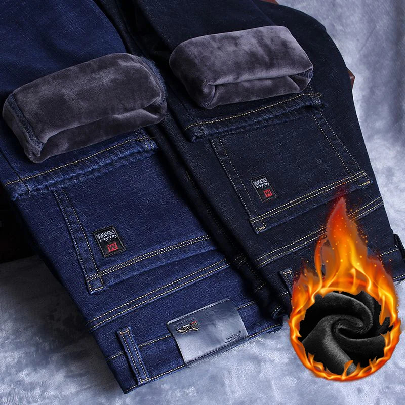 Men Autumn Winter Fleece Lined Thickened Jeans Male Business Straight Leg Loose High Waist Denim Pants Stretch Casual Trousers