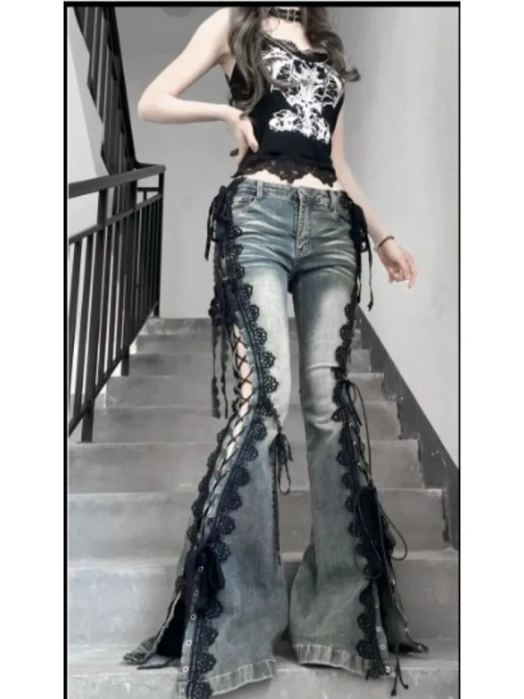 Retro Eyelet Lace-Up Flare Jeans