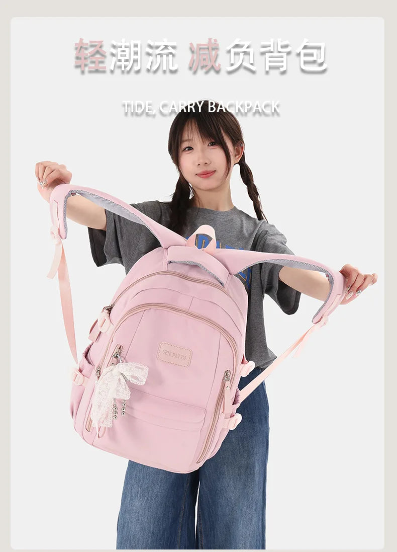 New Female High Capacity Waterproof College Backpack With Lace Pendant Trendy Women Laptop School Bags Cute Girl Travel Book Bag