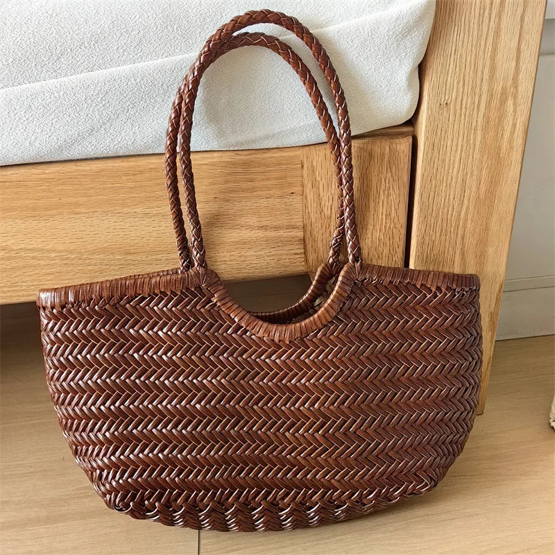 Luxury Designer Genuine Leather Cowhide Hand-woven Tote Bag High Quality Vintage Women's  Vacation Travel Beach Shoulder Bag