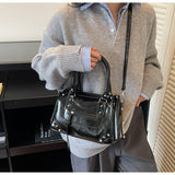 Vintage Rivets Pillow Bag Large Capacity Zipper Single Shoulder Bag Top Handle Patent Leather Crossbody Women's Bag Women