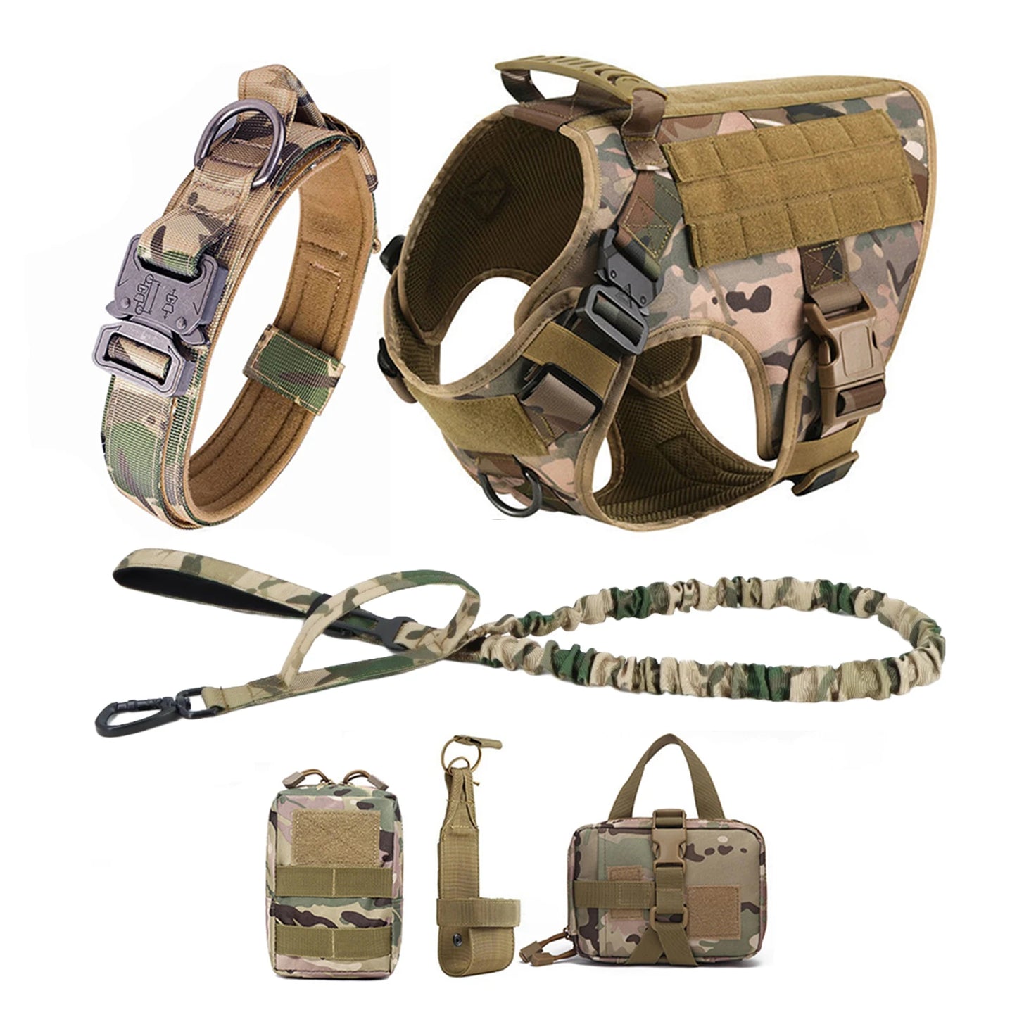 Tactical Dog Harness Set – Collar, Leash & MOLLE Pouches