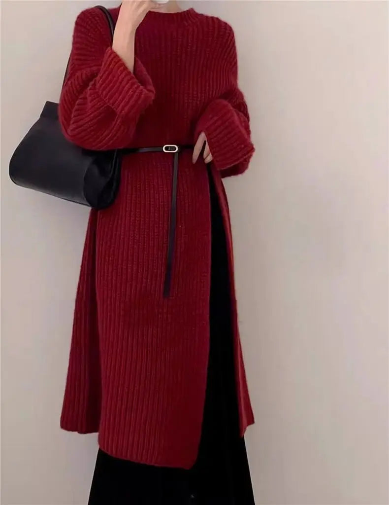 Women's Spring Autumn Long Split Sweater Sling Dress Two Piece Set Lady Graceful Black Knit Clothing Sleeveless Dresses Outfits