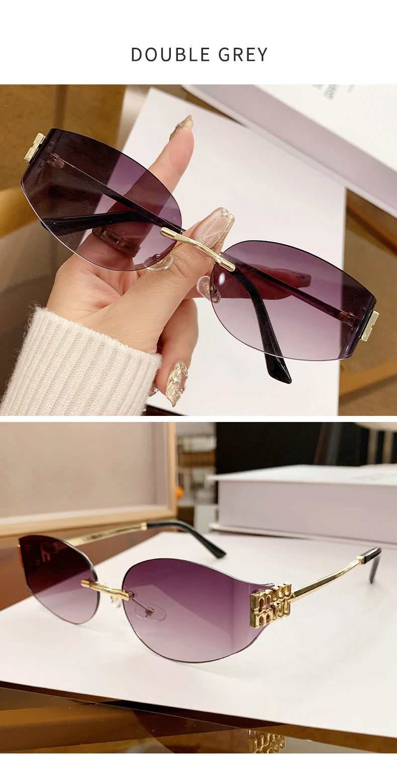 Oversized Rimless Oval Sunglasses – UV400 Metal Frame