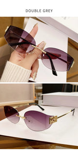 Oversized Rimless Oval Sunglasses – UV400 Metal Frame