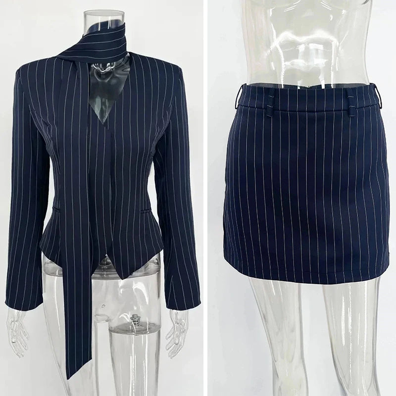 Tuularose 3 Piece Dress Set Women Elegant V-Neck Striped Ribbon Blazer Slim Short Dress Set Fashion Luxury Women Party Dress Set