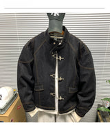 American Vintage Denim Jacket Men Stand Collar Cotton Spring Metal Button Splicing Regular Fit Streetwear Trendy Casual Outwear