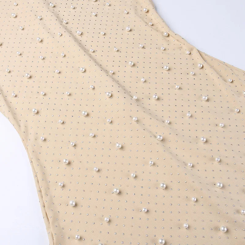 Elegant O-Neck Sleeveless Jumpsuit - Chic Beaded Mesh Mesh Romper in Apricot