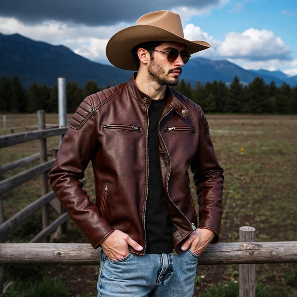 New 100% Cowhide Leather Jacket men Top Layer Clothes Men's Stand Collar Motorcycle Clothes  Autumn Winter Plus Size motorcycle