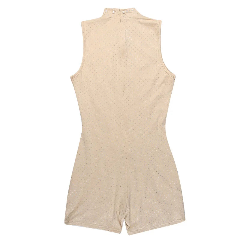 Elegant O-Neck Sleeveless Jumpsuit - Chic Beaded Mesh Mesh Romper in Apricot