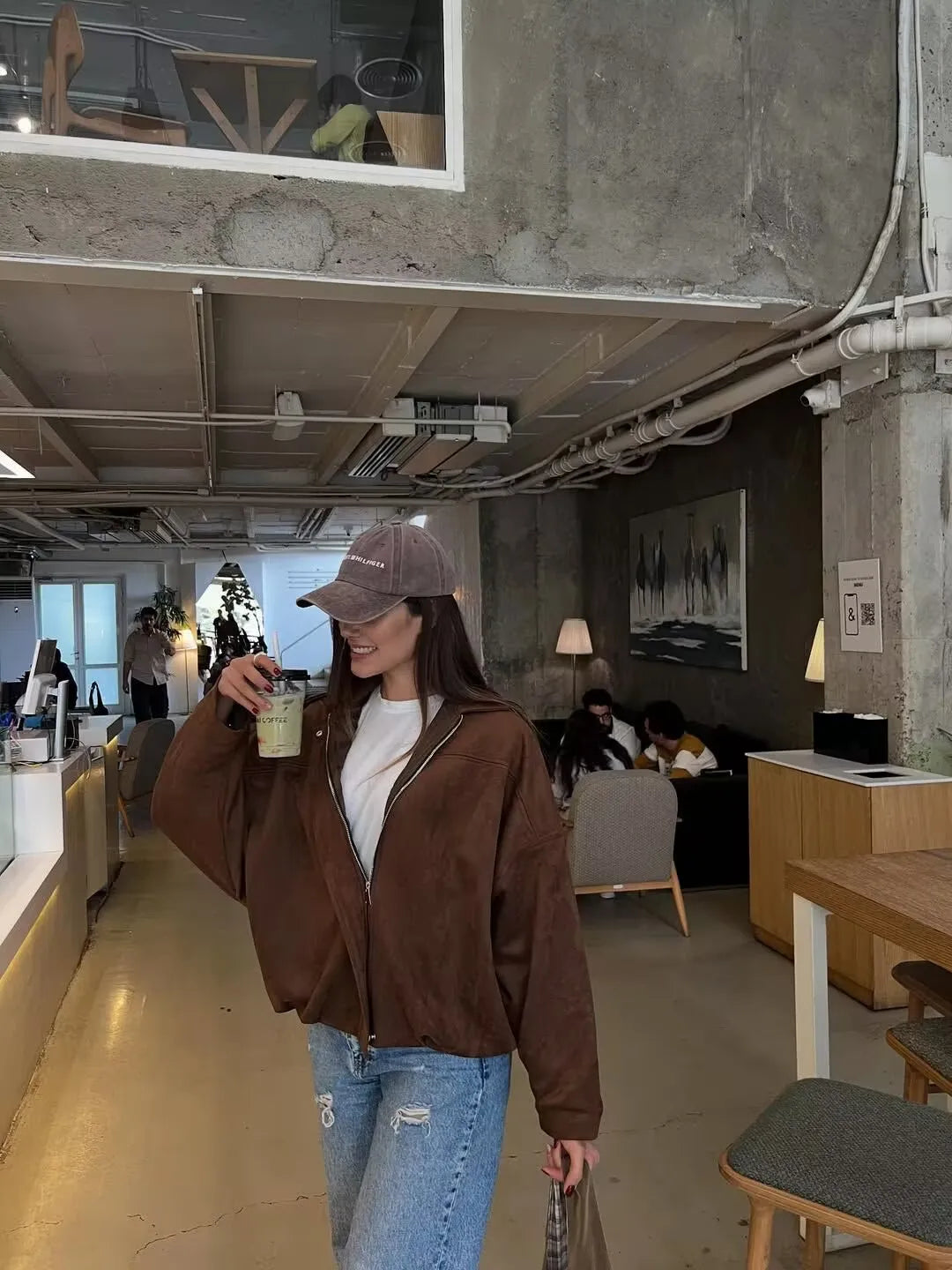 YENKYE New 2025 Women Suede Textured Bomber Jacket Long Sleeve Lapel Collar Loose Coats Casual Female Outerwear Chic Tops