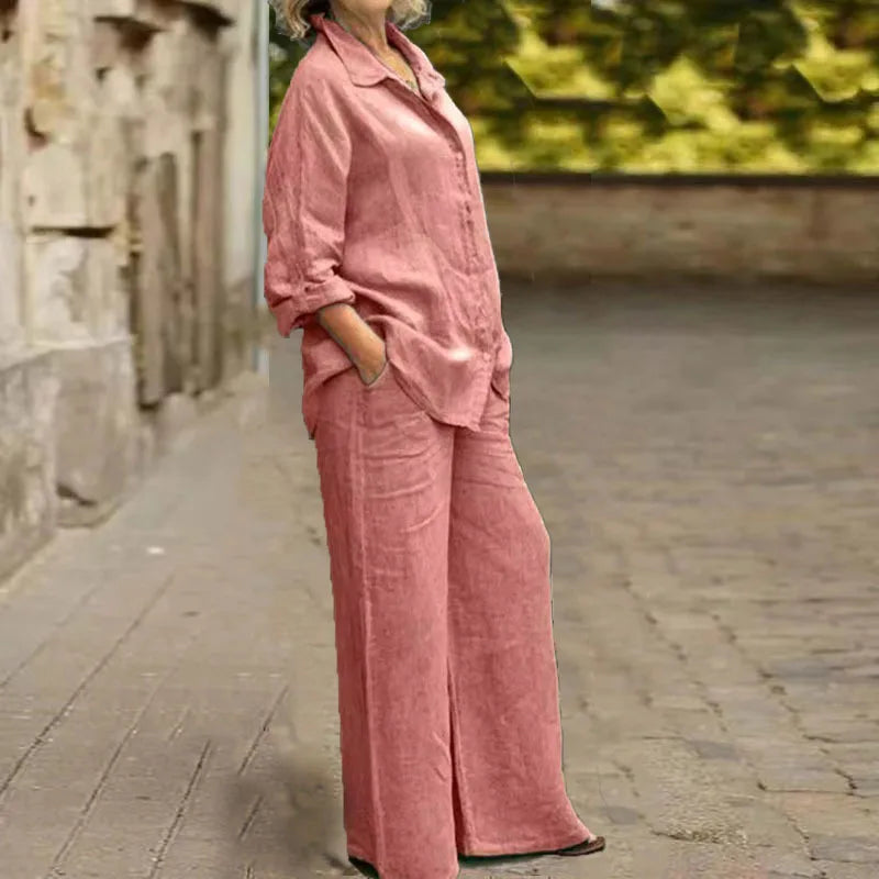 Fashion Cotton Linen Shirt Long Sleeved Women's Set Spring Autumn Loose Cotton  Linen Wide Leg Trousers Female Office 2piece Set