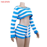 Cryptographic Casual Fashion Striped Knitted Two Piece Sets Long Sleeve Sweaters Off Shoulder Top and Shorts Matching Sets Solid