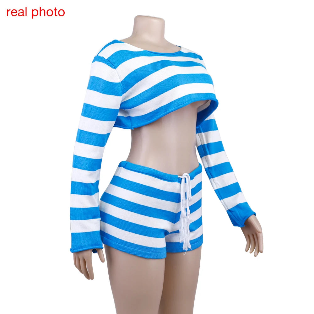 Cryptographic Casual Fashion Striped Knitted Two Piece Sets Long Sleeve Sweaters Off Shoulder Top and Shorts Matching Sets Solid