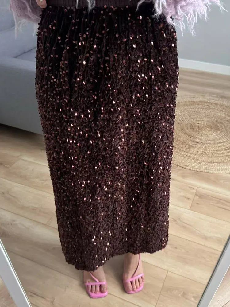 High Waisted Sequin Maxi Skirt Women Elegant Shiny Straight Skirts With Slit Summer Spring Black Long Sequin Skirt For Women