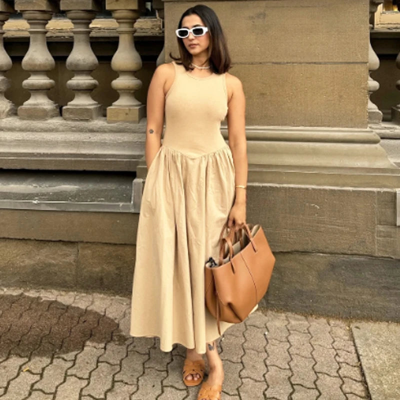 Khaki & Black Elegant Patchwork Maxi Dress – 2025 Spring Y2K Sleeveless