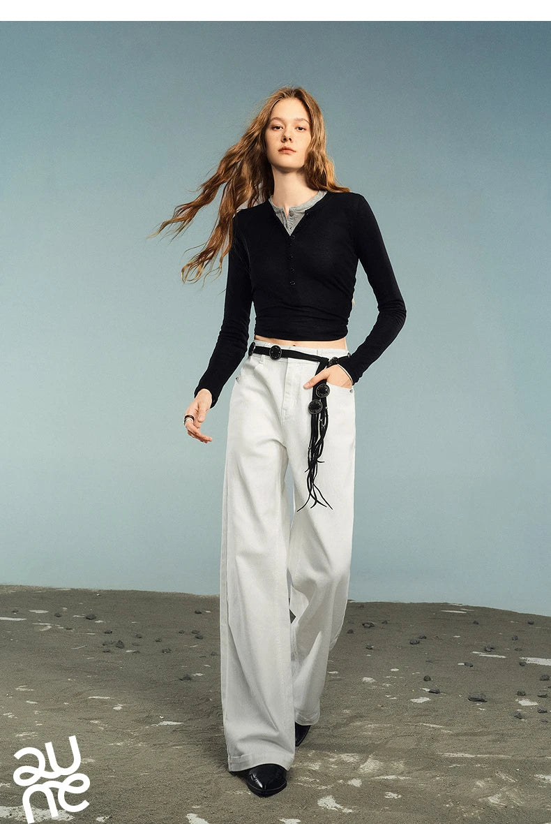 TOYOUTH Women Denim Jeans 2025 Autumn New Lycra Stretch Washed Wide Leg Straight Long Pants