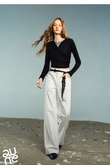 TOYOUTH Women Denim Jeans 2025 Autumn New Lycra Stretch Washed Wide Leg Straight Long Pants
