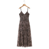 Vintage Chic Leopard Printed Sling Vestido Women Casual Backless Pleated Loose Fit Fold Spaghetti Strap Dress Vacation Beachwear