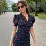 Print Chiffon Long Dress Women V Neck Half Sleeves High Waist Ruffles Belts Split Robe Female 2026 Summer Chic Vacation Dresses