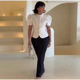 2026 Spring Summer Short Puff Sleeve Frog Button Shirt For Women Stand Collar  Single Breasted Blouse Lady Chic Street Party Top