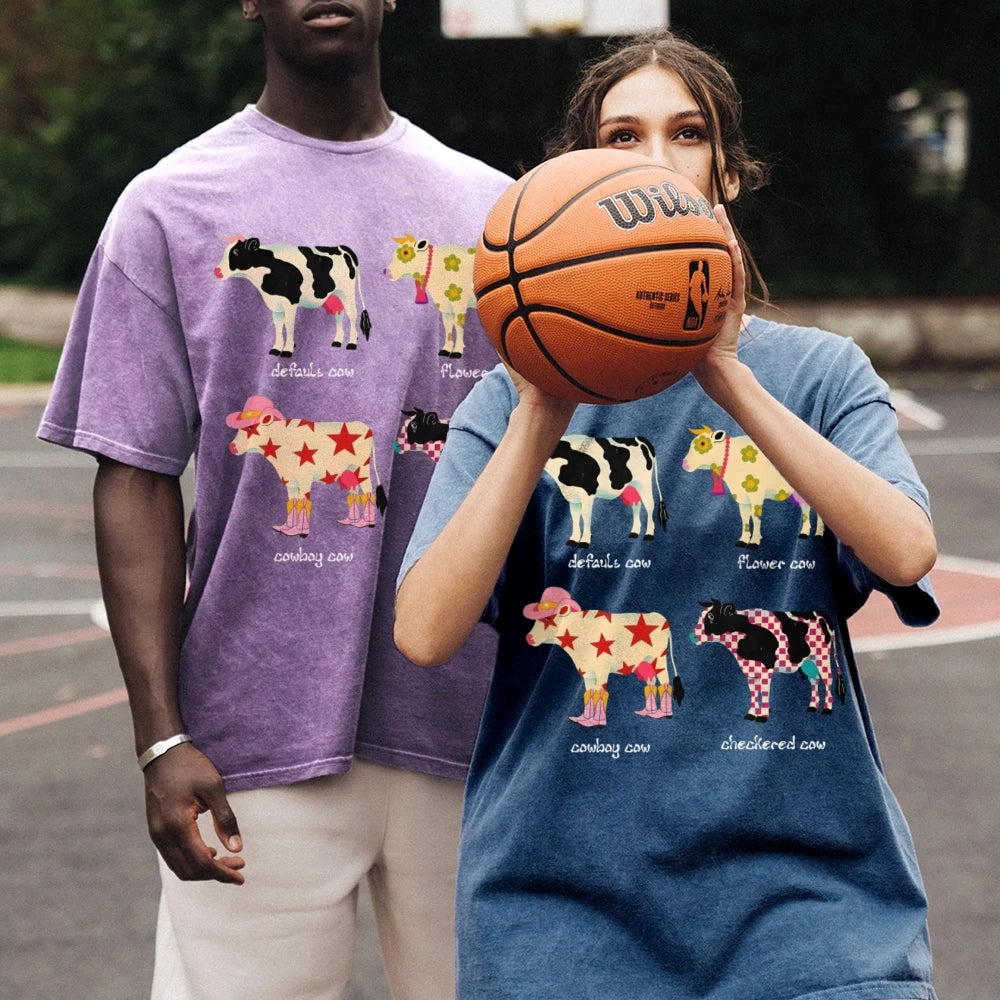 Cute Cartoon Cow Print T-Shirt Pure Cotton Washed Shoulder Round Neck Neutral Style Fashion Trend New High Quality Short Sleeves