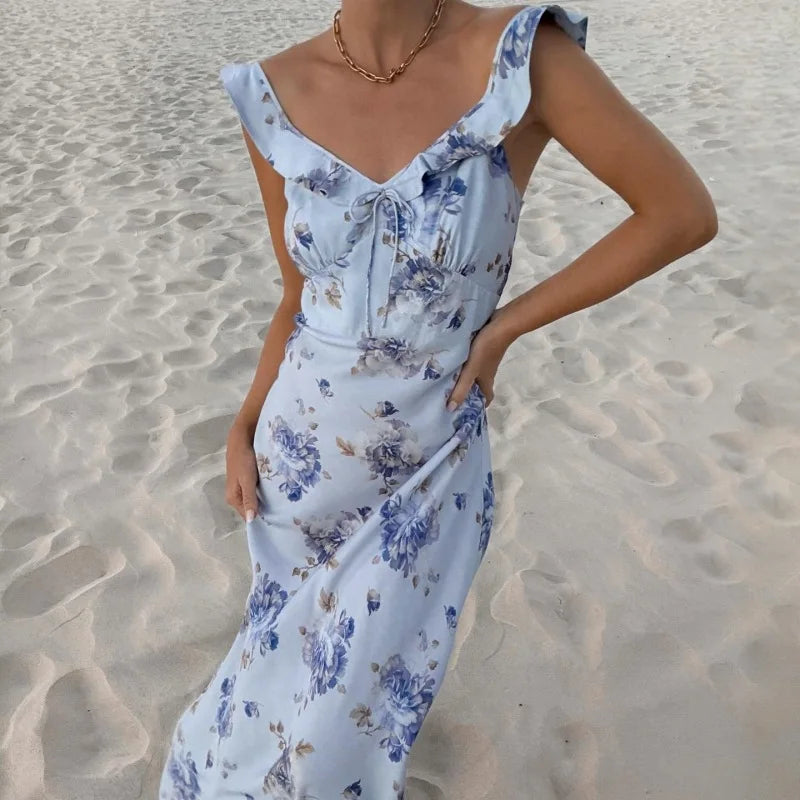 Women's Floral Print Backless Maxi Dress