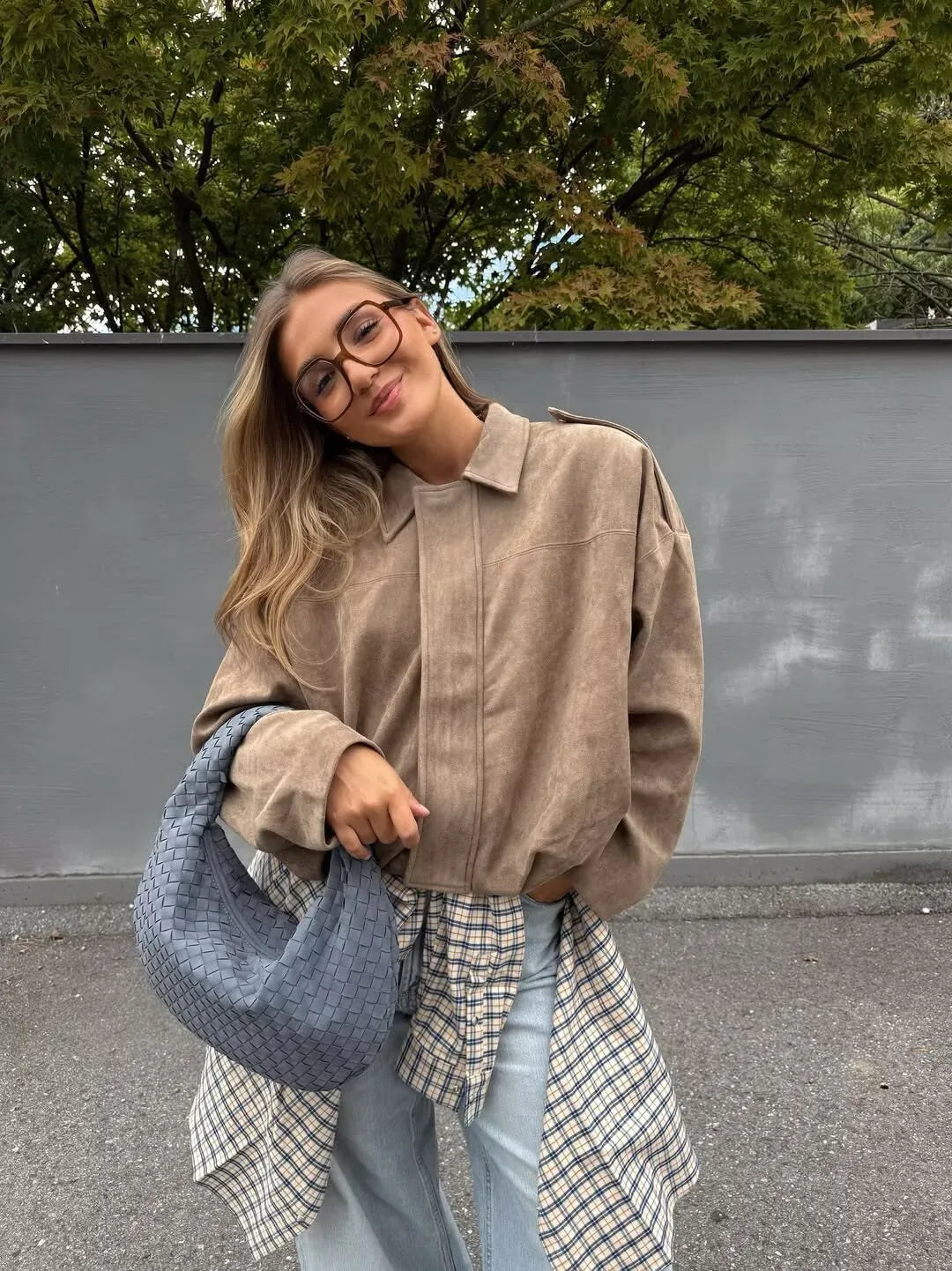 YENKYE New 2025 Women Suede Textured Bomber Jacket Long Sleeve Lapel Collar Loose Coats Casual Female Outerwear Chic Tops