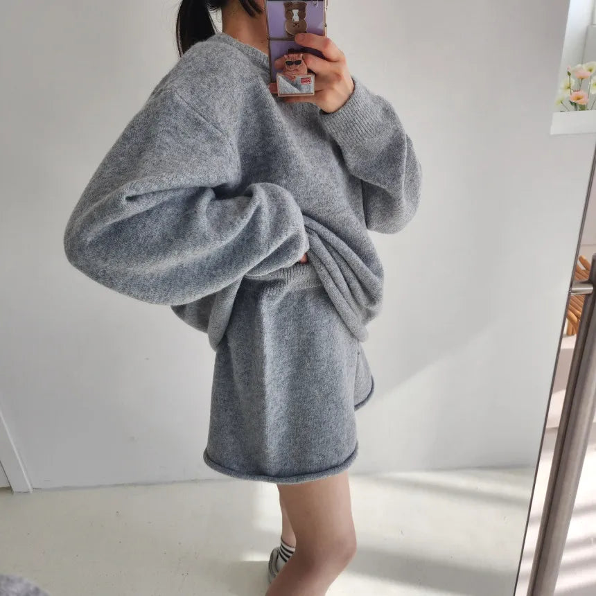 Korean Style Sweater Two 2 Piece Set Women Vintage Autumn Winter Pullover Knitted Tops + Casual Shorts 2 Piece Outfits Female