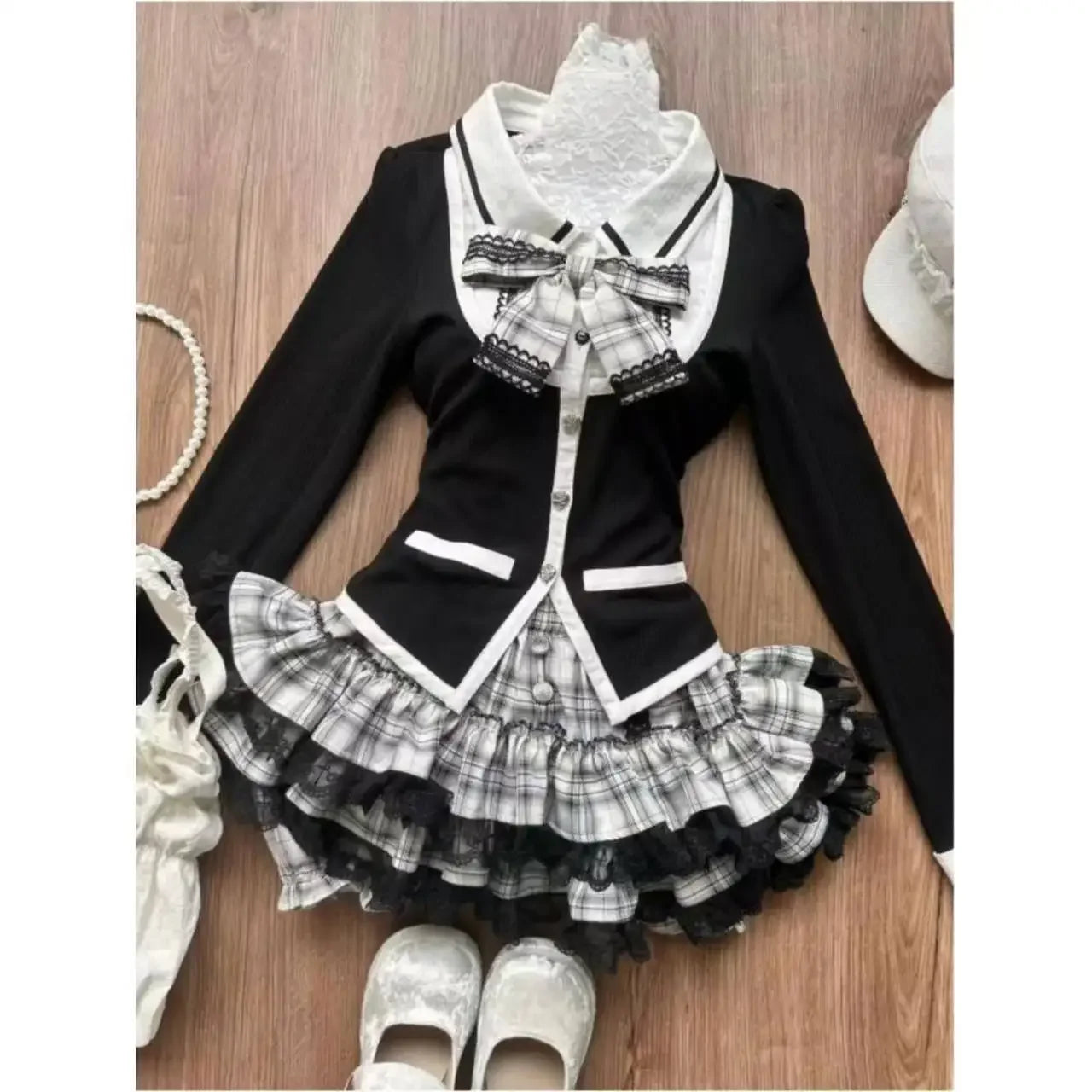 Japanese Sweet Lolita 2 Piece Sets Women Retro Off Shoulder Bow Blouse Tops Plaid Cake Mini Skirt Girls Kawaii Y2k Slim Outfits