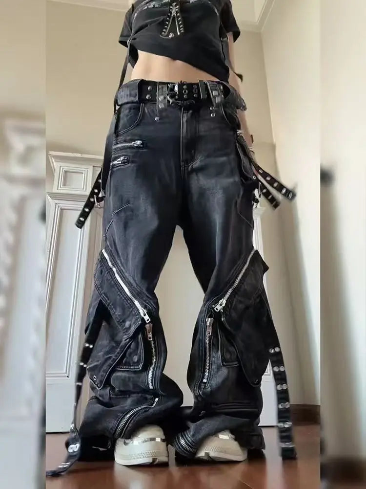 Gothic Punk Wide-Leg Cargo Jeans | Y2K Baggy Denim