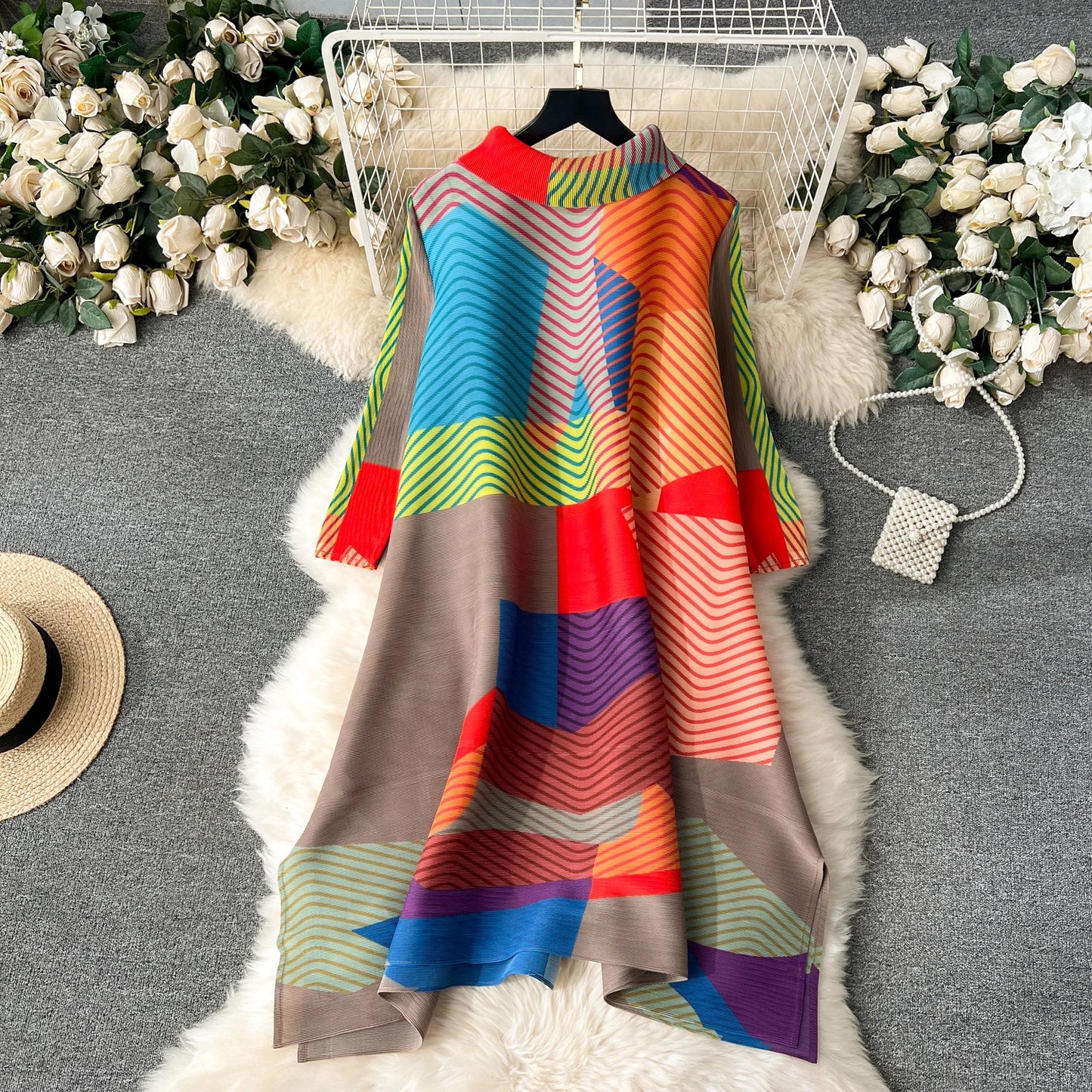 Miyake Pleated Drape Dress – Colorblock Print, 3/4 Sleeve