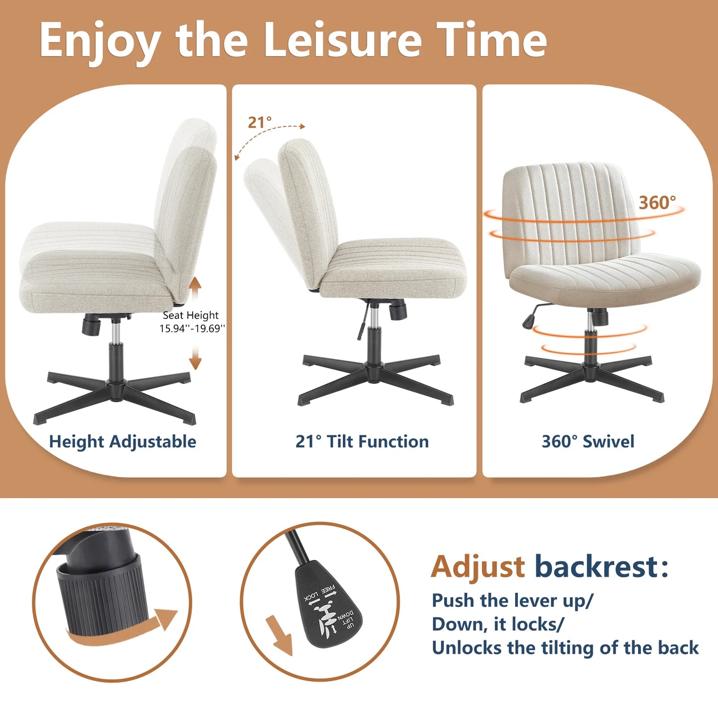 JHK Armless Wide Swivel Chair – Cross-Legged Comfort Seat