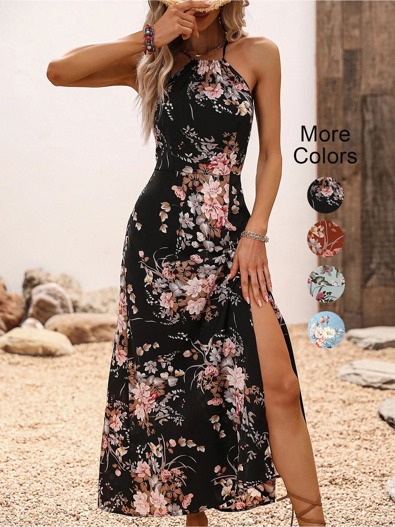 Elegant Floral Print High Slit Halter Dress