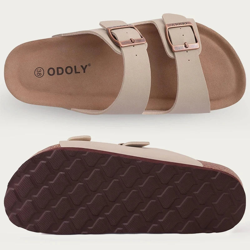 Comwarm Men's Cork Footbed Slides Sandals Arch Support Summer Outdoor Sandals with Adjustable Buckle Leisure Men Leather Slides