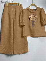 Floral Embroidery Linen-Style 2-Piece Set