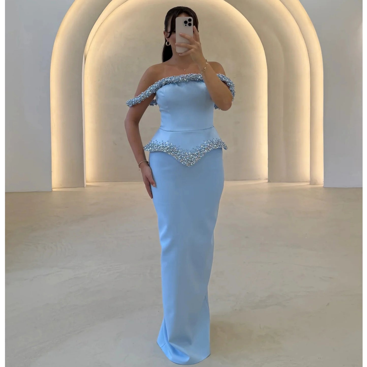 Blue Mermaid Off-Shoulder Evening Gown with Pearl Beading
