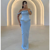 Blue Mermaid Off-Shoulder Evening Gown with Pearl Beading
