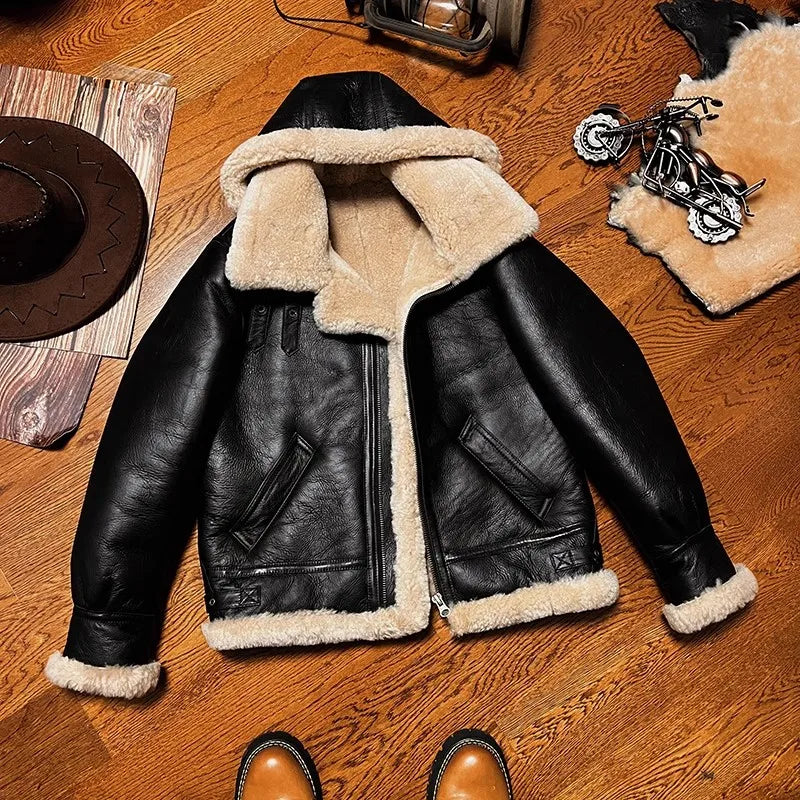 CC Shop Best.Mens High Quality 100% Natural Fur Jacket.Classic B3 Winter Warm Thick Leather Coat.100% Sheepskin with Wool.