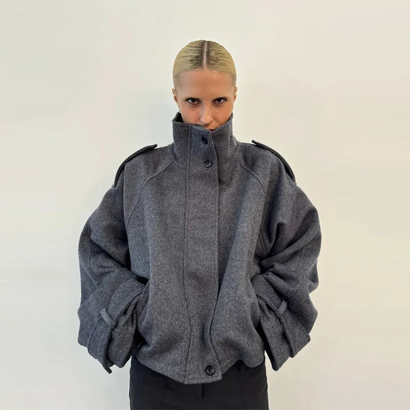Fashion Short Woolen Coat Women Stand Collar Single-breast Full Sleeve Loose Pocket Jacket Female 2026 Autumn Solid Lady Outwear