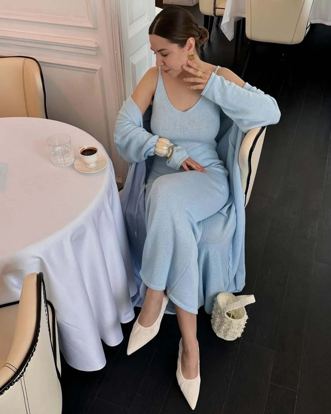 Hirsionsan Soft Loose Sets Women Two Pieces Long Sleeve Cardigan & Vest Dresses Elegant Female Hollow Outfits Cotton Tracksuit
