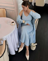 Hirsionsan Soft Loose Sets Women Two Pieces Long Sleeve Cardigan & Vest Dresses Elegant Female Hollow Outfits Cotton Tracksuit