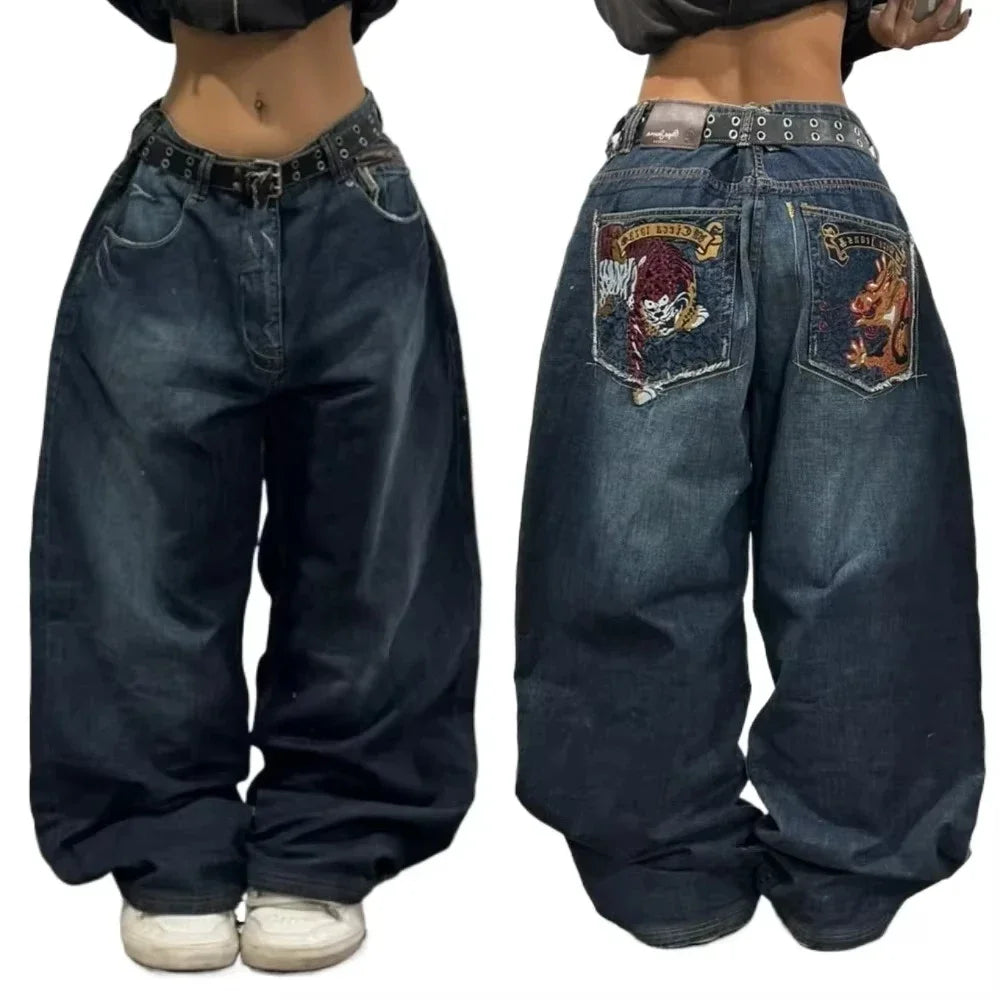 Men's Y2K Oversized Wide-Leg Embroidered Denim Jeans