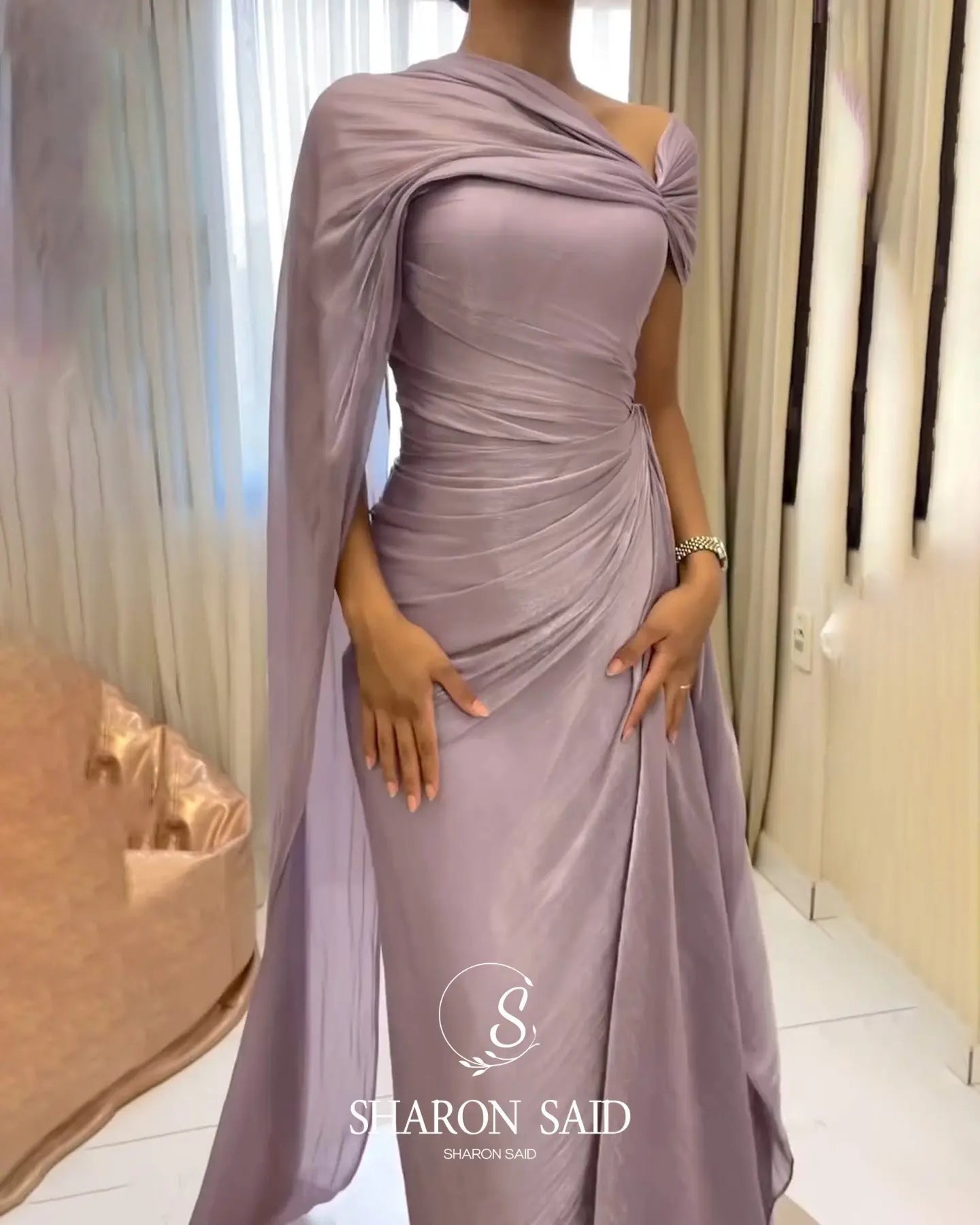 Sharon Said One-Shoulder Draped Chiffon Evening Gown SF199