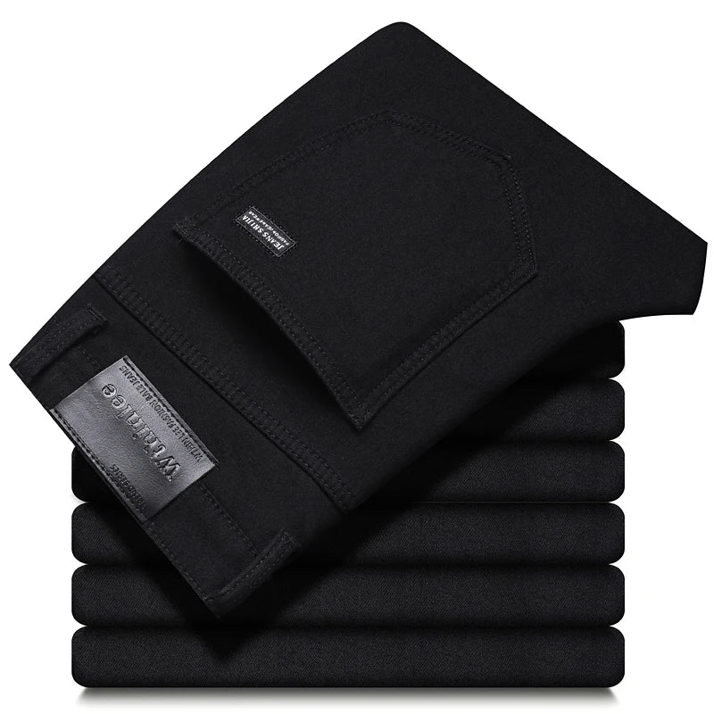 High Quality Autumn Winter Solid Color Black Men's Jeans Classic Stretch Denim Pants Work Business Cotton Trousers Plus Size 40