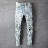 Men's Crystal Embellished Ripped Slim Jeans – Blue