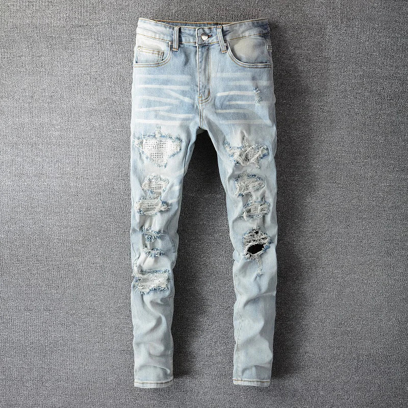 Men's Crystal Embellished Ripped Slim Jeans – Blue