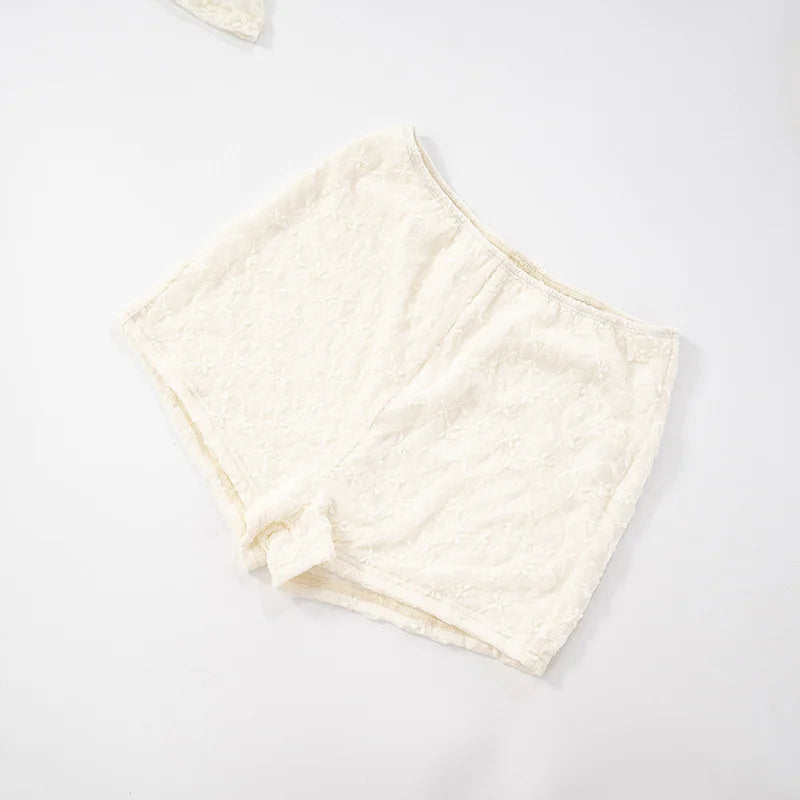 Mozision Lace Two Piece Set Women See Through Long Sleeve T-shirt And Shorts Matching Sets Female Elegant Shorts Two Piece Set
