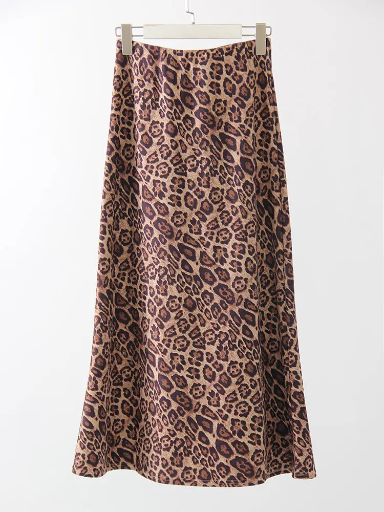 Leopard Print Suede Maxi Skirt – Women's Autumn Winter