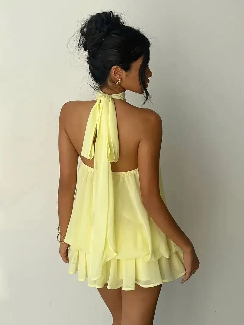 Women's Halter Neck Backless Tie-Front Mini Dress